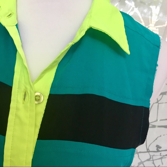 Hurley yellow green black Colorblock collared collar button up tank top shirt - Picture 2 of 8